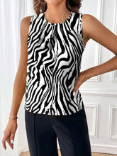 Privé Women's Elegant Chic Casual Zebra Print Sleeveless Ruched Crew Neck Blouse ,Commuter Top For Commuting,Dating Season,Dating, Parties
